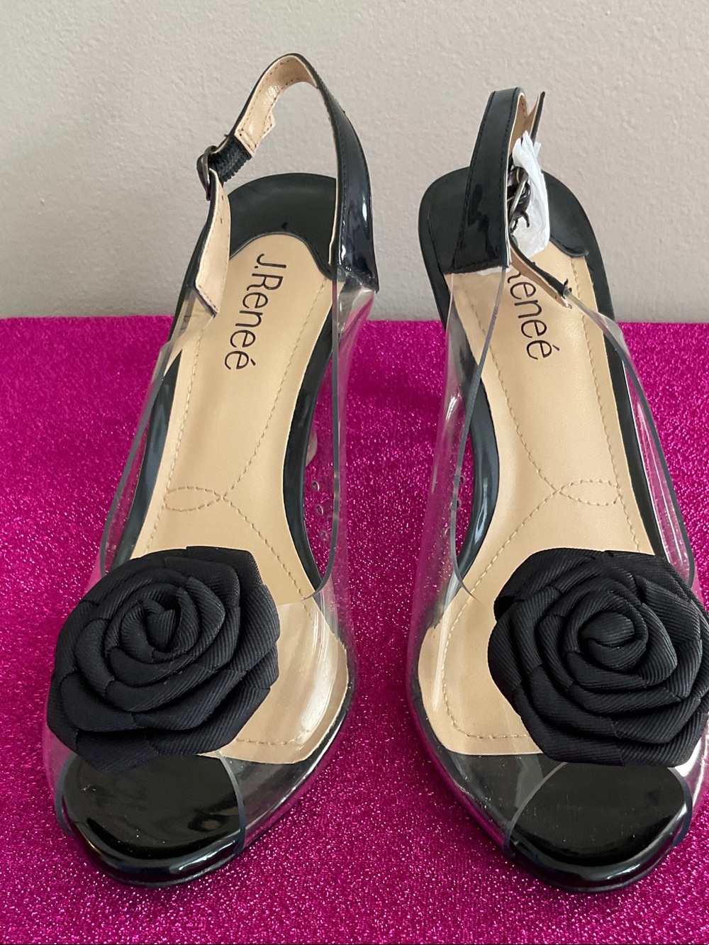 J.Reneé Black Clear Sling Pumps with Rosette